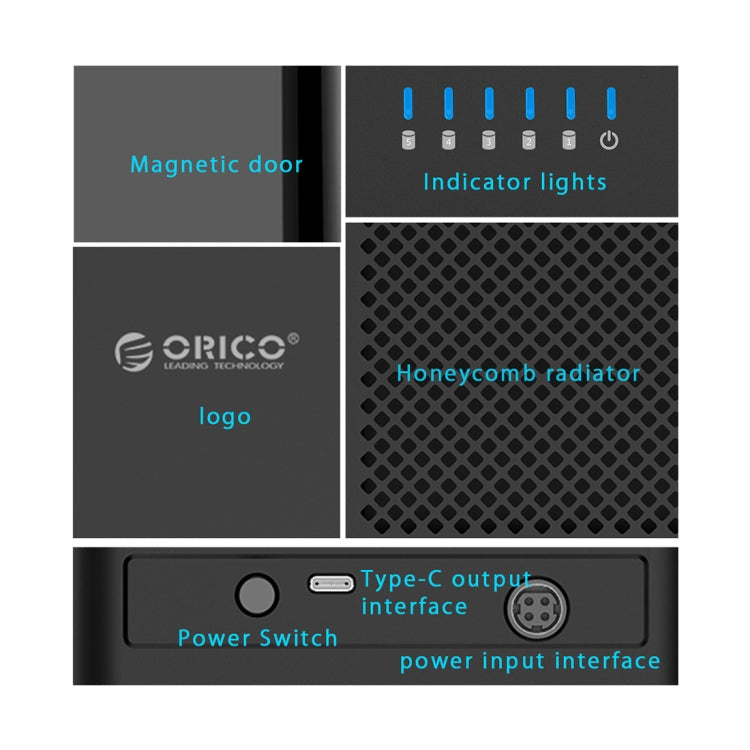 ORICO DS500C3 Boîtier de disque dur USB-C / Type-C magnétique à 5 baies de 3,5 pouces avec indicateur LED bleu