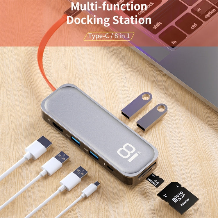 ROCK TR03 Adaptateur HUB d'extension multifonctionnel 8 en 1 Type C / USB-C vers HDMI (Gris)