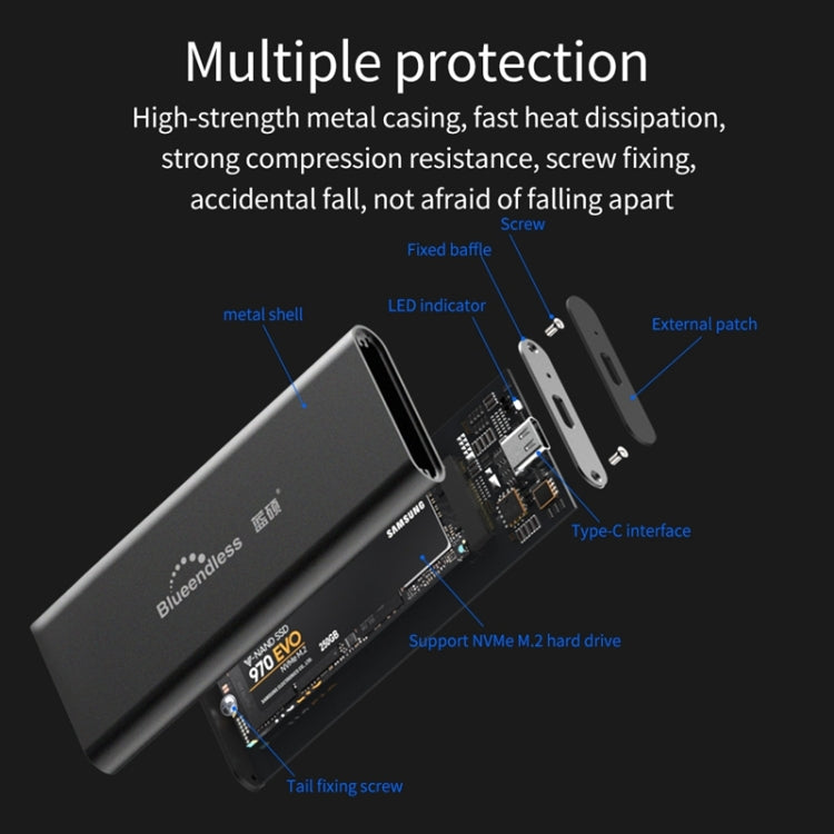 Azulendless M280N M.2 NVME Solid State Drive Enclosure with USB-C / Type-C to USB-C / Type-C Data Cable