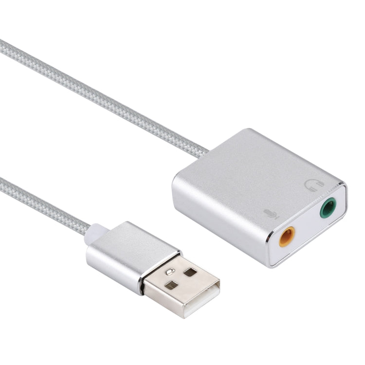 Boîtier en alliage d'aluminium USB externe Carte son virtuelle 7.1 canaux avec câble de 13 cm pour ordinateur portable (Argent)