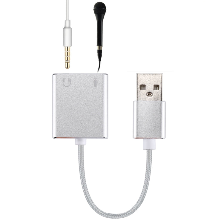 Carcasa de aleación de Aluminio USB externo Tarjeta de sonido virtual de 7.1 canales con Cable de 13 cm Para PC Portátil (Plata)