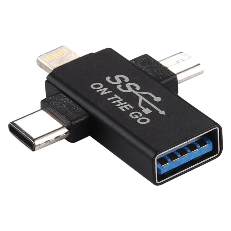 Multifunctional 3 in 1 USB 3.0 to 8 Pin + Micro USB + USB-C / Type-C Interface OTG Adapter