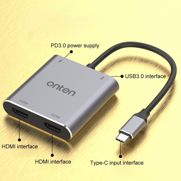 Onten 9175K 4 en 1 USB-C / Type-C vers double HDMI + USB 3.0 + PD3.0 Port de charge USB-C / Type-C Convertisseur vidéo 4K HD