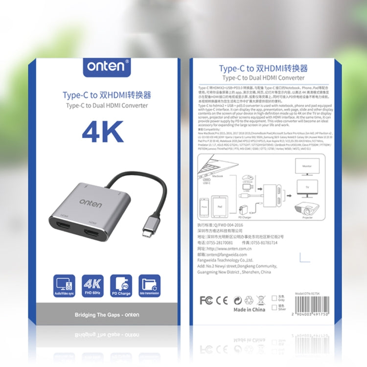 Onten 9175K 4 en 1 USB-C / Type-C a HDMI Dual + USB 3.0 + PD3.0 USB-C / Type-C Puerto de Carga 4K HD Video Converter