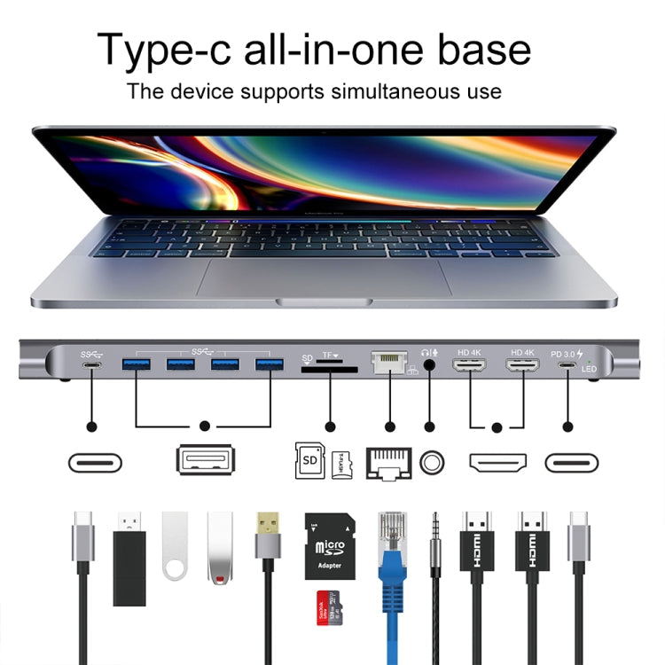 9199 12 in 1 USB-C / Type-C to USB-C / Type-C + TF / SD Card Slot + RJ45 + 3.5mm Audio + PD Charging USB-C / Type-C + 2 HDMI + 4 USB Ports 3.0 Multifunctional HUB Converter Docking Station