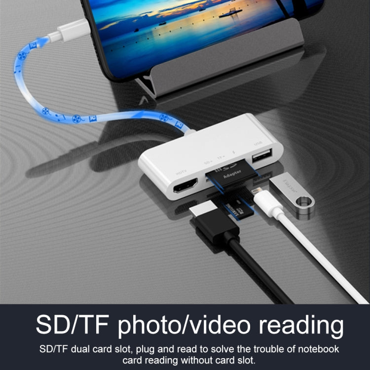 75215 5 en 1 8 broches vers HDMI + emplacement pour carte SD + emplacement pour carte TF + USB + port de charge 8 broches convertisseur vidéo HD