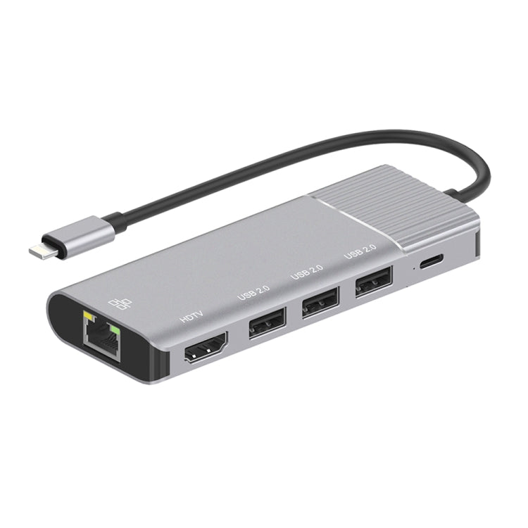 79591 6 en 1 8 broches vers RJ45 + HDMI + charge 8 broches + 3 ports USB 2.0 Station d'accueil de convertisseur HUB multifonctionnel