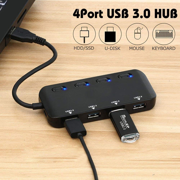 4 x HUB haute vitesse USB 3.0 vers USB-C / Type-C avec interrupteur (noir)