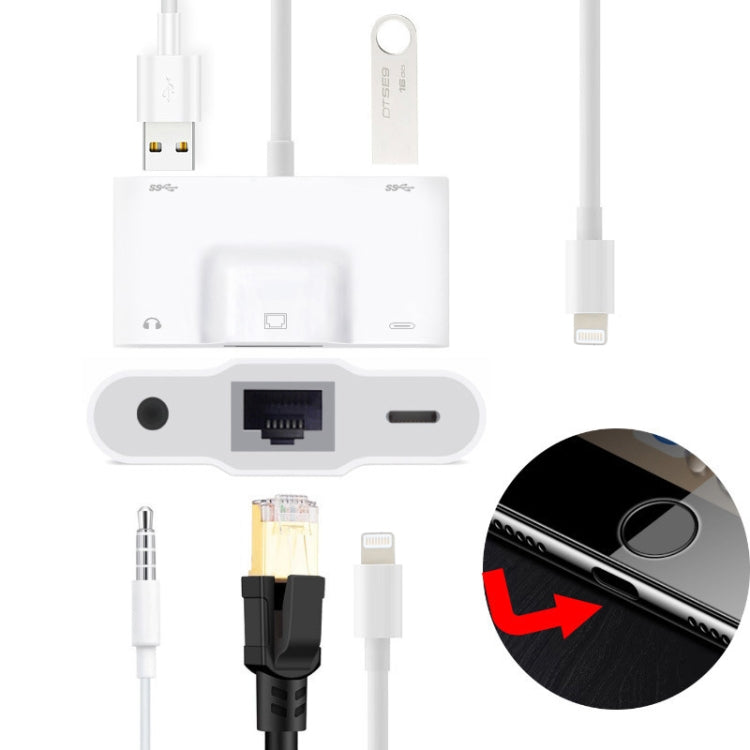 NK-1033 5 in 1 8 Pin Male to Dual USB + 3.5mm AUX + Ethernet + 8 Pin Power Female Adapter