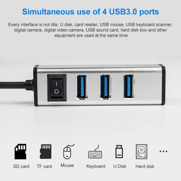 USB-C / TYPE-C a 4 Puertos USB 3.0 Aleación de Aluminio Hub con interruptor (Gris)