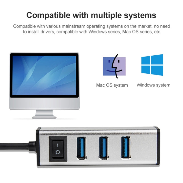 Hub en alliage d'aluminium USB-C / TYPE-C à 4 ports USB 3.0 avec interrupteur (gris)