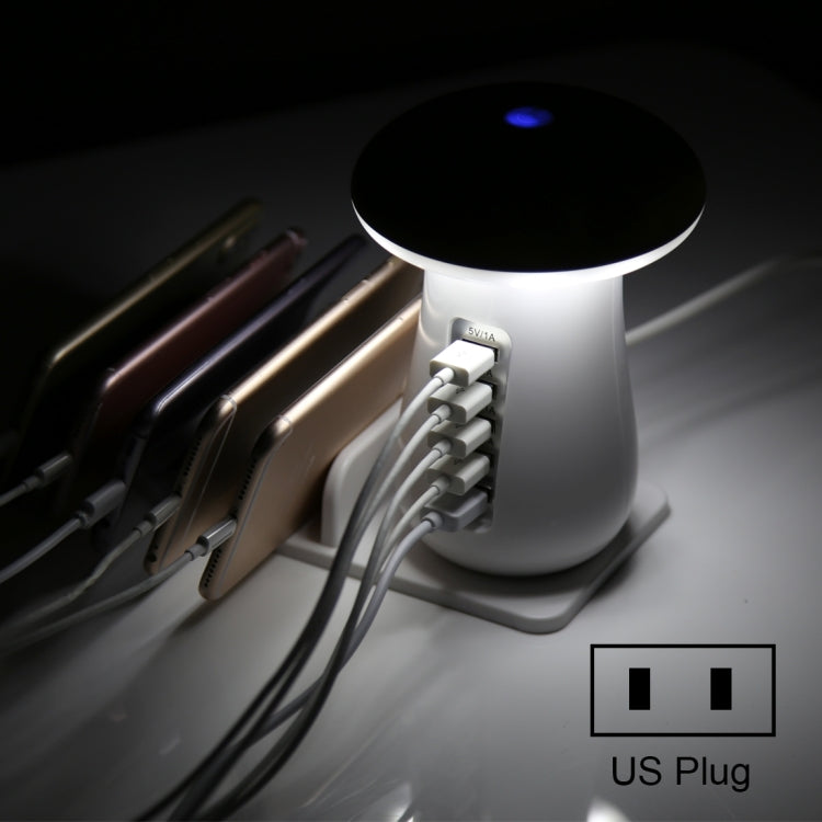 XLD888 5 Puertos (2 x 5V / 1A + 2 x 5V / 2.1A + 1 X QC3.0) CargaDO USB Lámpara de escritorio de luz de hongos con soporte para Teléfono