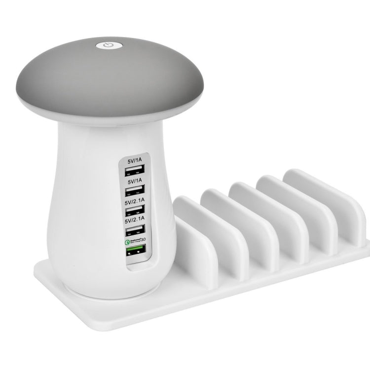 XLD888 5 Ports (2 x 5V/1A + 2 x 5V/2.1A + 1 X QC3.0) USB Charging Mushroom Light Desk Lamp with Phone Holder
