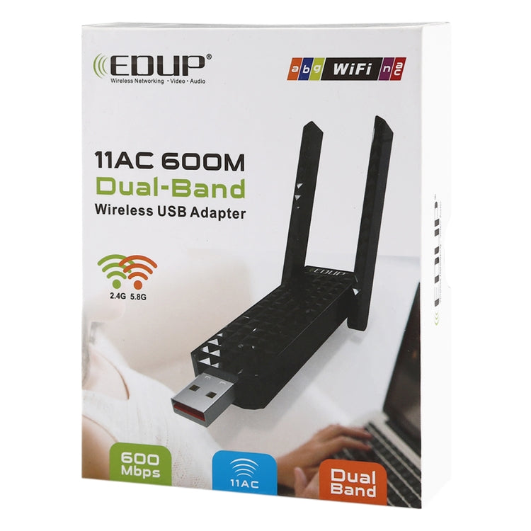EDUP EP-AC1625 600Mbps 2.4G / 5.8GHz Dual Band Wireless 11AC USB 2.0 Adaptador Tarjeta de red con 2 Antenas Para computadora Portátil / PC (Negro)