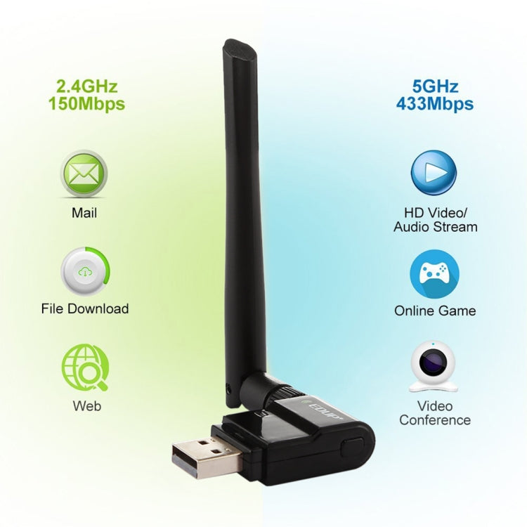 EDUP EP-AC1635 600Mbps Dual Band Wireless 11AC Adaptador Ethernet USB 2dBi Antena Para computadora Portátil / PC (Negro)