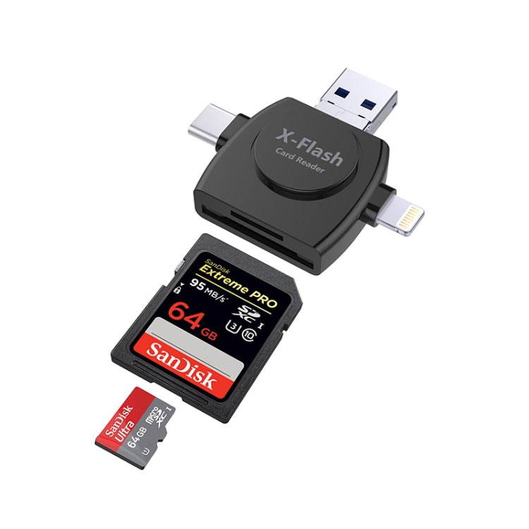 X-Flash R01 3 en 1 8 Pines + USB-C / Tipo-C + Interfaz Micro USB Lector de Tarjetas SD / TF (Negro)
