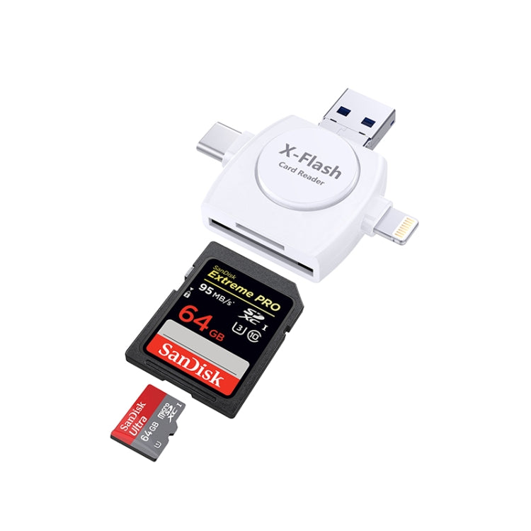 X-Flash R01 3 in 1 8 Pin + USB-C / Type-C + Micro USB Interface SD / TF Card Reader (White)
