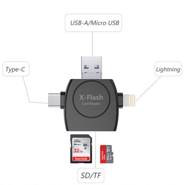 X-Flash R01 3 in 1 8 Pin + USB-C / Type-C + Micro USB Interface SD / TF Card Reader (Black)