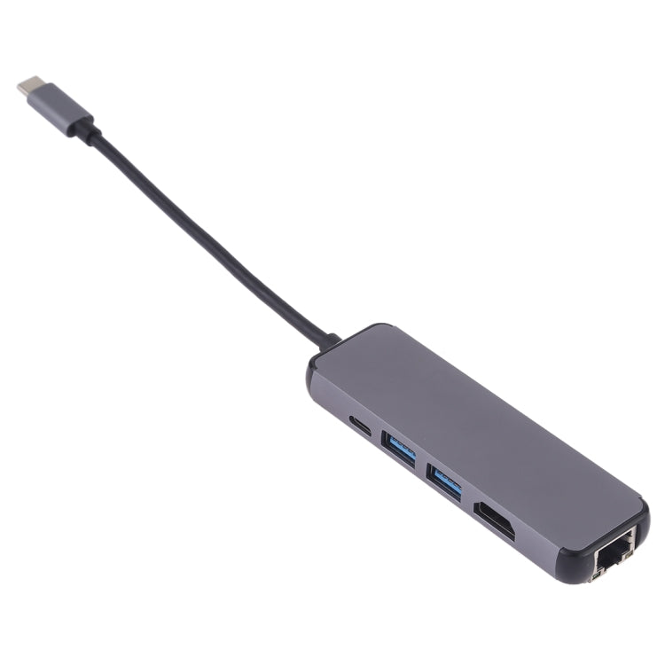 5 en 1 Type-C vers HDMI + USB 3.0 + USB 3.0 + Type-C + Adaptateur de lecteur de carte LAN (Gris)