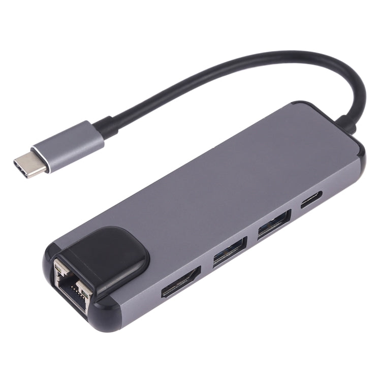 5 en 1 Tipo-C a HDMI + USB 3.0 + USB 3.0 + Tipo-C + Adaptador de lector de Tarjetas LAN (Gris)