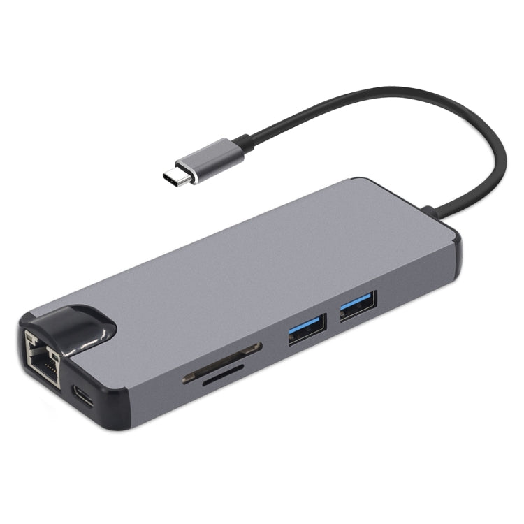 Adaptador de lector de Tarjetas 8 en 1 tipo C a HDMI + USB 3.0 + USB 3.0 + tipo C + LAN + VGA + TF / SD (Gris)