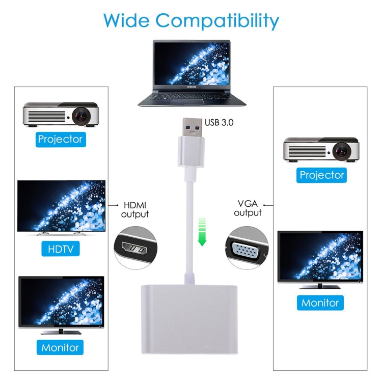 Adaptateur 2 en 1 USB 3.0 vers HDMI + VGA (Argent)