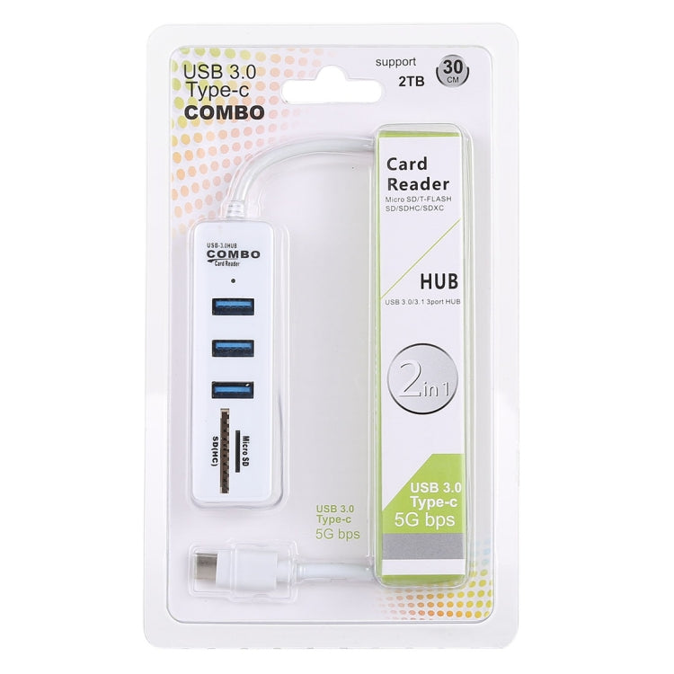 Lecteur de carte TF/SD 2 en 1 + 3 ports USB 3.0 vers USB-C/Type-C Convertisseur HUB Longueur du câble : 26 cm (Blanc)