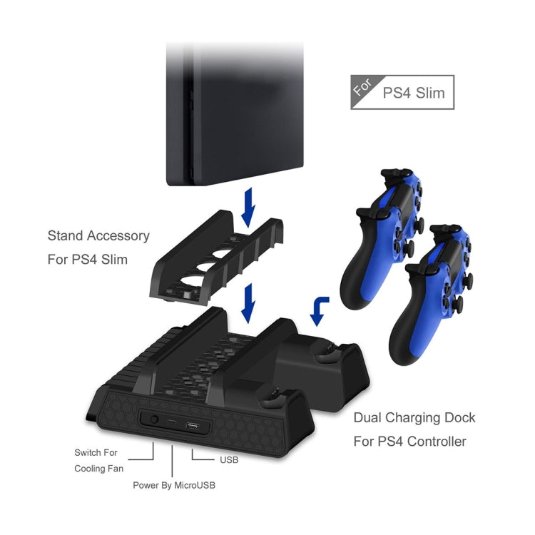 DOBE TP4-882 3-in-1 Game Console Cooling Fan + Games Storage Slots + Game Controller Charging Dock for Sony PS4 / PS4 Pro / PS4 Slim (Black)