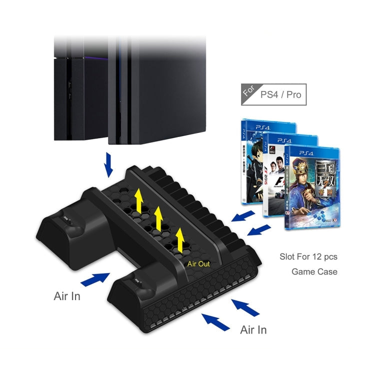 DOBE TP4-882 Ventilador de refrigeración Para Consola de Juegos 3 en 1 + Ranuras de almacenamiento de Juegos + Base de Carga del Controlador de Juegos Para Sony PS4 / PS4 Pro / PS4 Slim (Negro)
