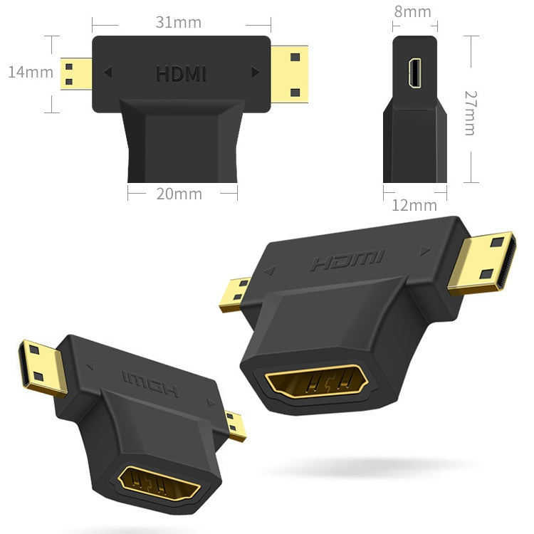 Adaptador 3 en 1 HDMI Hembra a Mini HDMI Macho + Micro HDMI Macho (Negro)