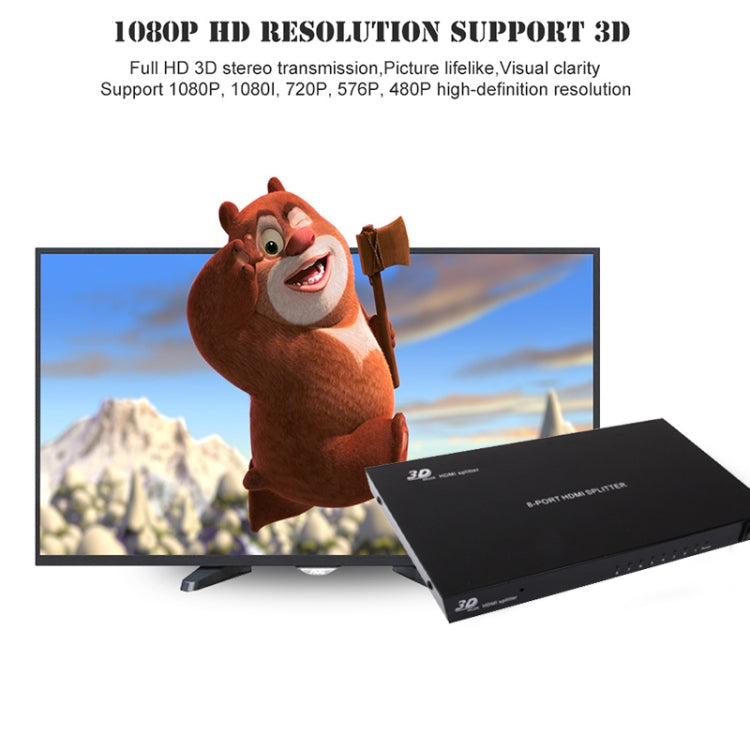 Répartiteur HDMI 1 x 8 Full HD 1080P avec commutateur Version V1.4 prend en charge 3D et 4K x 2K (noir)