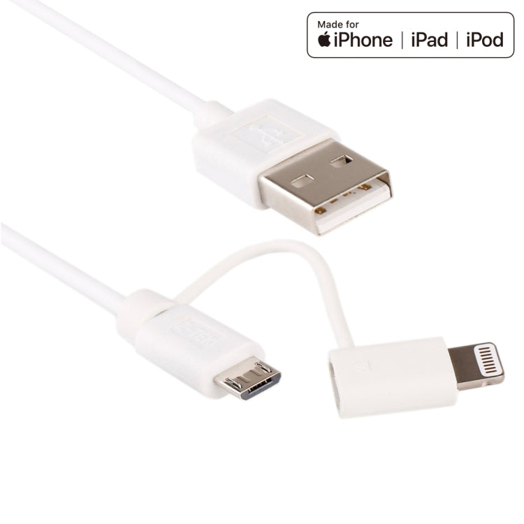 1M MFI 2 en 1 8 pin + Micro USB 2.0 Cable de Carga de Sincronización de Datos Macho a USB (Blanco)