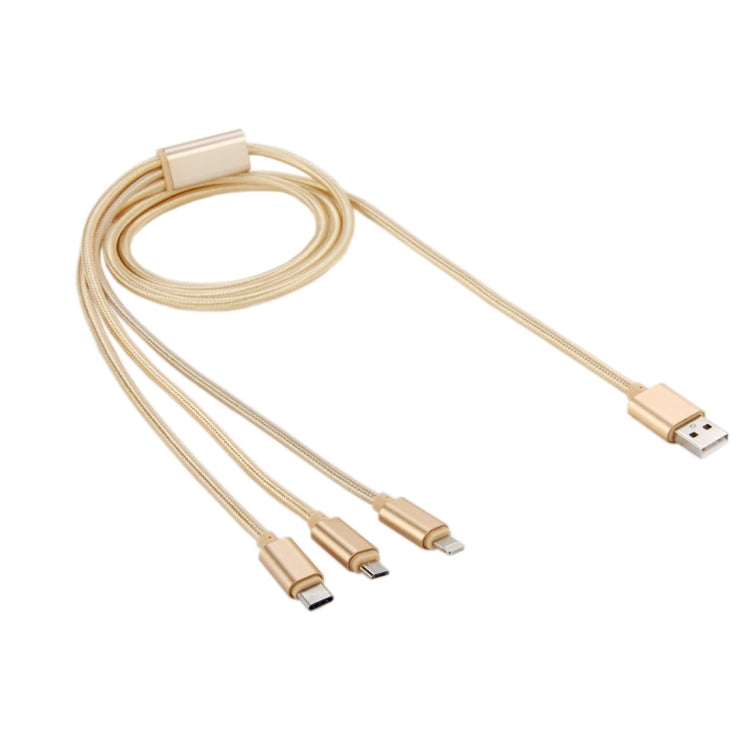 1.2m USB-C / Type-C 3.1 &amp; 8 Pin &amp; Micro USB 5 Pin to USB 2.0 Weave Style Charging Cable For iPhone / iPad / Galaxy / Huawei / Xiaomi / LG / HTC / Meizu and Other Smartphones (Gold)