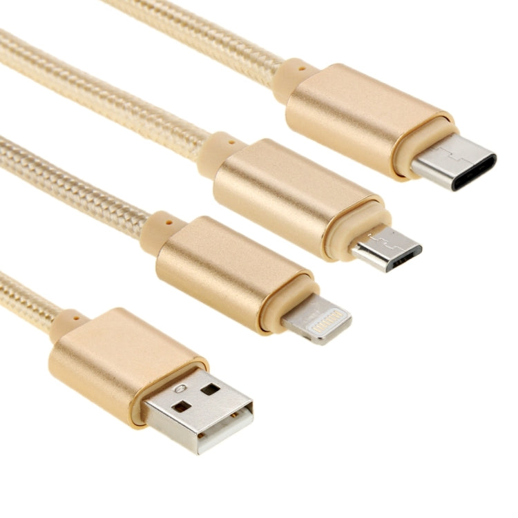 1.2m USB-C / Type-C 3.1 y 8 Pines y Micro USB de 5 Pines a USB 2.0 Cable de Carga estilo tejido Para iPhone / iPad / Galaxy / Huawei / Xiaomi / LG / HTC / Meizu y otros Teléfonos Inteligentes (Dorado)