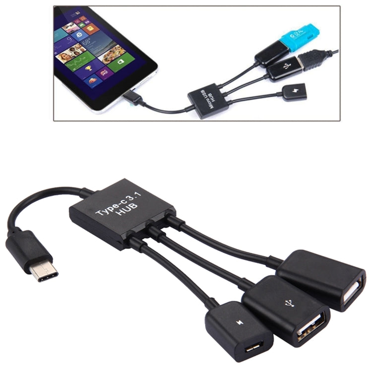 17.8 cm 3 Puertos USB-C / Type-C 3.1 OTG Charge HUB Cable Para Galaxy S8 y S8 + / LG G6 / Huawei P10 y P10 Plus / Xiaomi MI 6 y Max 2 y otros Teléfonos inteligentes (Negro)