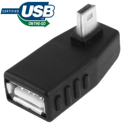 Adaptador Mini USB Macho a USB 2.0 AF con ángulo de 90 grados a la Izquierda función OTG de Soporte (Negro)