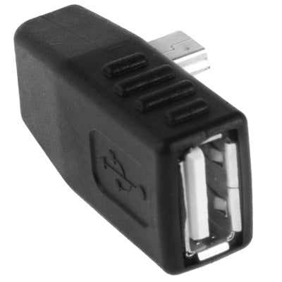 Adaptador Mini USB Macho a USB 2.0 AF con ángulo de 90 grados a la Izquierda función OTG de Soporte (Negro)