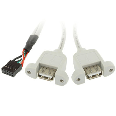 Embase interne à 9 broches vers 2x USB 2.0 AF Montage sur panneau Longueur du câble : 30 cm