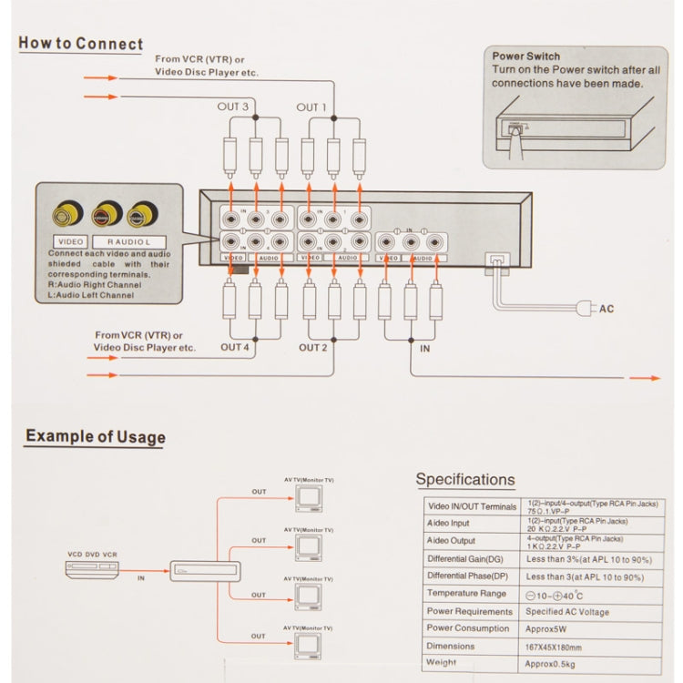 Divisor AMP de Audio y video de 4 vías con interruptor 1 entrada 4 salidas (JM-VA104)