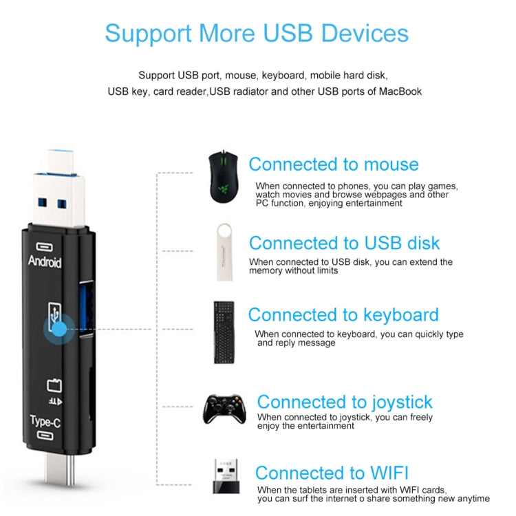 D-188 3 en 1 TF y USB a Micro USB y lector de Tarjetas Tipo C Conector Adaptador OTG (Blanco)