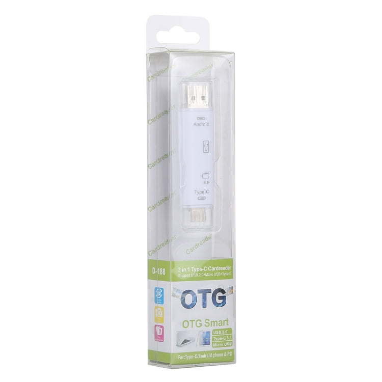 D-188 3 in 1 TF and USB to Micro USB and Type C Card Reader OTG Adapter Connector (White)