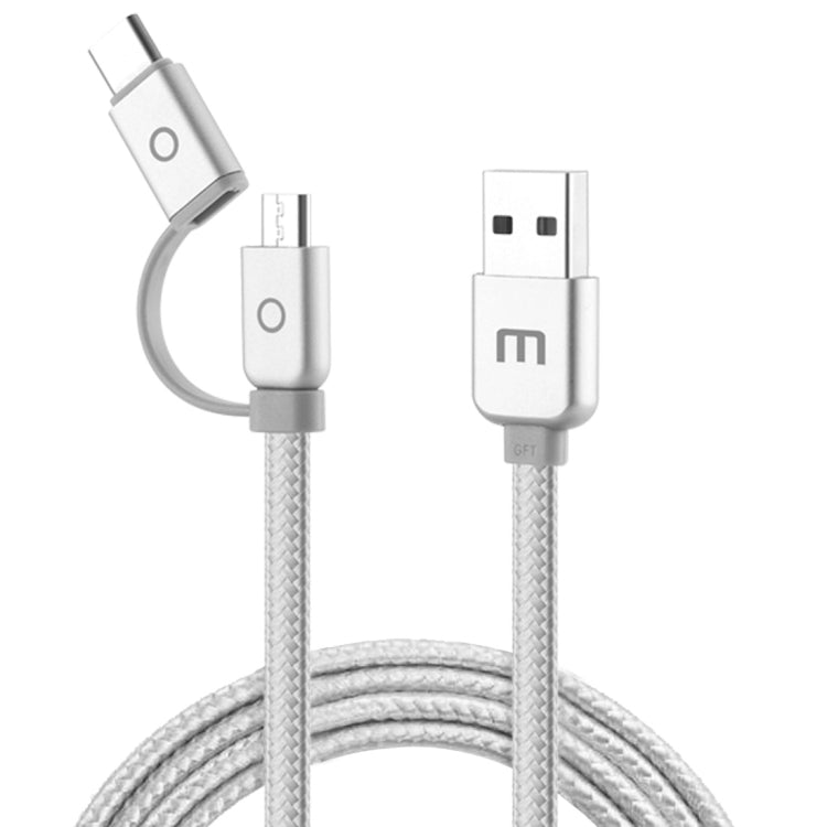 Meizu 1m 2 in 1 Noodle Weave Style Metal Head 5V 2.0A USB-C / Type-C + Micro USB to USB 2.0 Data Sync Charging Cable for Galaxy S8 &amp; S8+ / LG G6 / Huawei P10 &amp; P10 Plus / Xiaomi Mi6 and Max 2 and other Smart Phones (Silver)