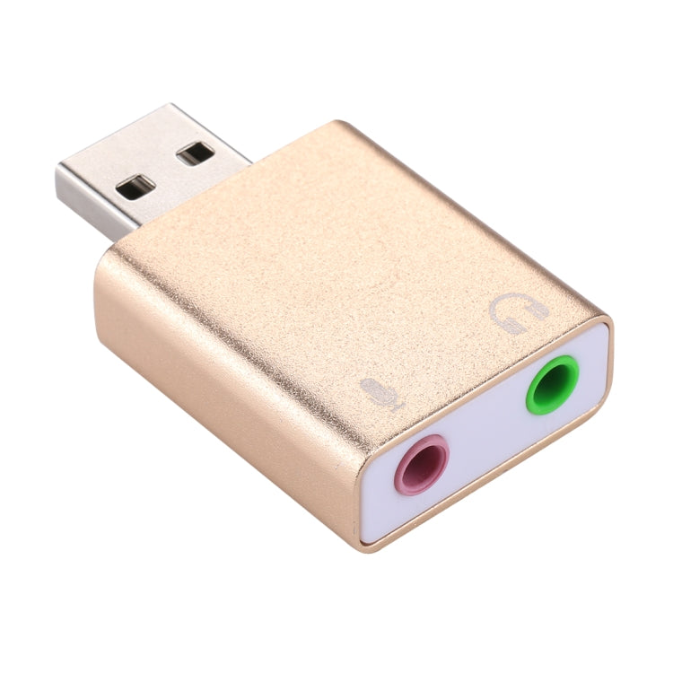 Coque en aluminium Jack 3,5 mm externe USB Carte son HIFI Magic Voice Adaptateur 7.1 canaux Lecteur gratuit pour ordinateur de bureau Haut-parleurs Casque Microphone (Or)