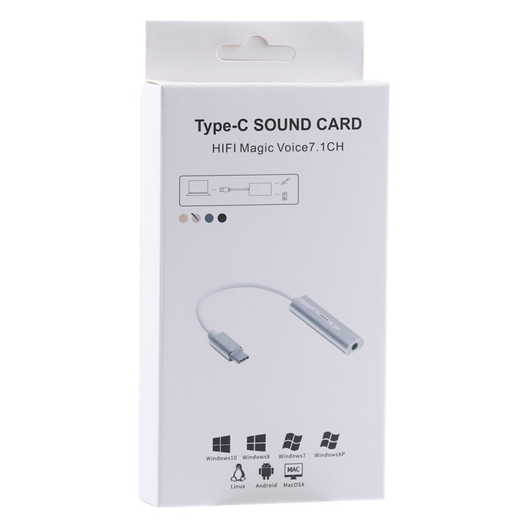 External USB-C / Type-C 3.5mm Jack Aluminum Shell HIFI Magic Voice Sound Card 7.1 Channel Converter Adapter Free Drive (Silver)