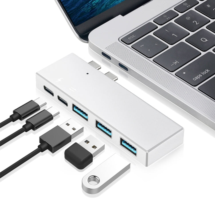 basix P2 5 in 1 2 USB-C/Type-C to 3 USB 3.0 + 2 USB-C/Type-C Interfaces HUB Adapter (Silver)
