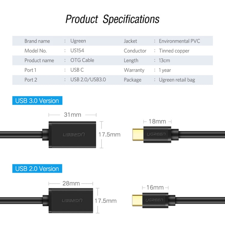 UVerde 13cm USB 3.0 Hembra a USB-C / Type-C Macho OTG Cable Adaptador convertidor (Negro)