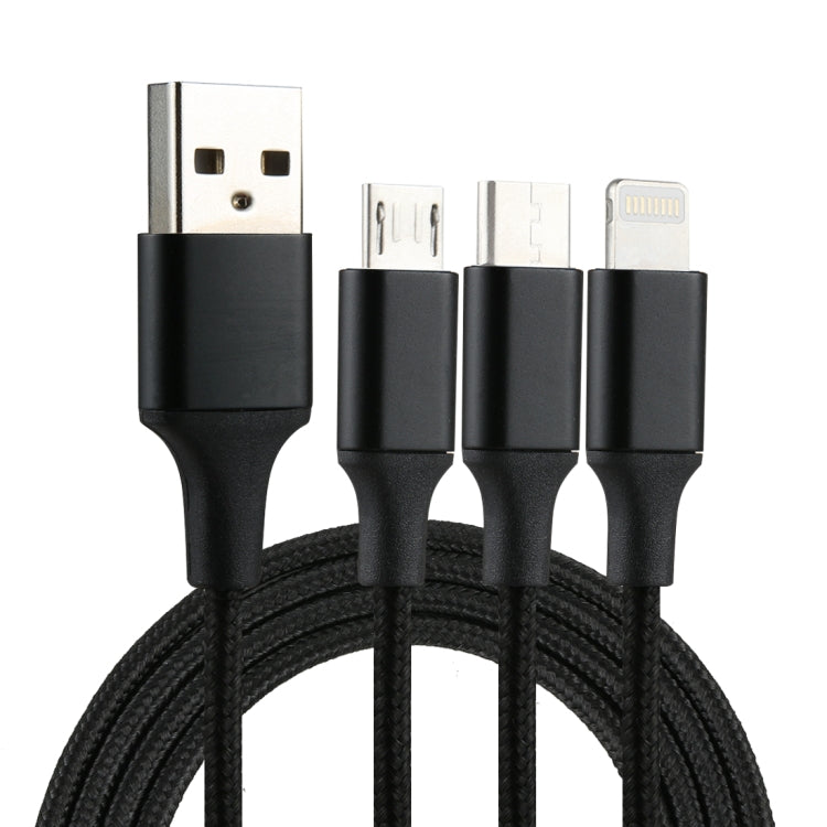 2A 1.2m 3 in 1 USB to 8 Pin &amp; USB-C / Type-C &amp; Micro USB Nylon Fabric Charging Cable For iPhone / iPad / Galaxy / Huawei / Xiaomi / LG / HTC / Meizu and other Smartphones (Black )