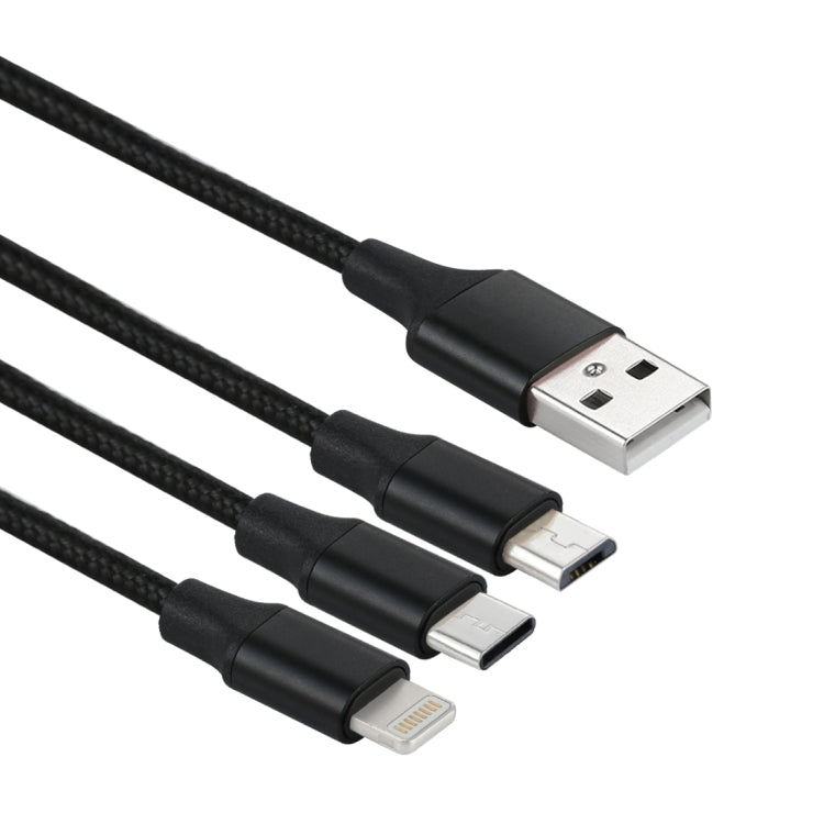 2A 1.2m 3 en 1 USB vers 8 Broches &amp; USB-C / Type-C &amp; Micro USB Câble de Charge en Tissu Nylon pour iPhone / iPad / Galaxy / Huawei / Xiaomi / LG / HTC / Meizu et autres Smartphones (Noir)