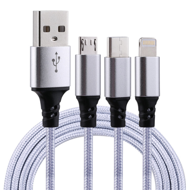 2A 1.2m 3 in 1 USB to 8 Pin &amp; USB-C / Type-C &amp; Micro USB Nylon Fabric Charging Cable For iPhone / iPad / Galaxy / Huawei / Xiaomi / LG / HTC / Meizu and other Smartphones (Silver )