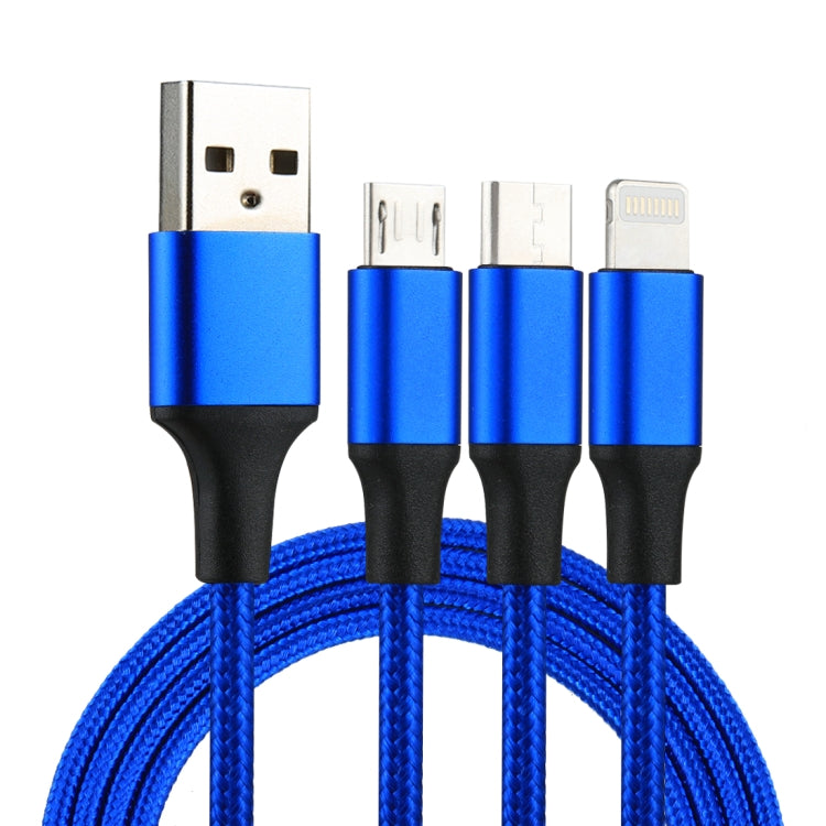 2A 1.2m 3 in 1 USB to 8 Pin &amp; USB-C / Type-C &amp; Micro USB Nylon Fabric Charging Cable For iPhone / iPad / Galaxy / Huawei / Xiaomi / LG / HTC / Meizu and other Smartphones (Blue )
